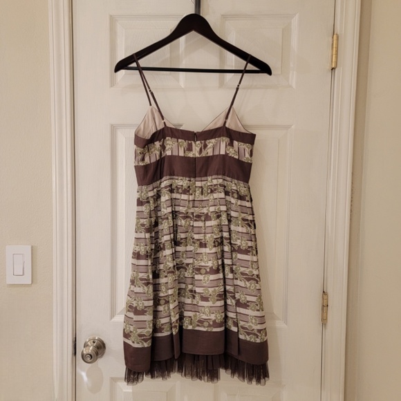 BCBGMaxAzria Sleeveless Dress Size 4 Brown Green Silk Cotton Sequins Tulle Hem - Picture 2 of 10